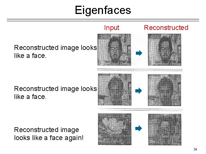 Eigenfaces Input Reconstructed image looks like a face again! 34 