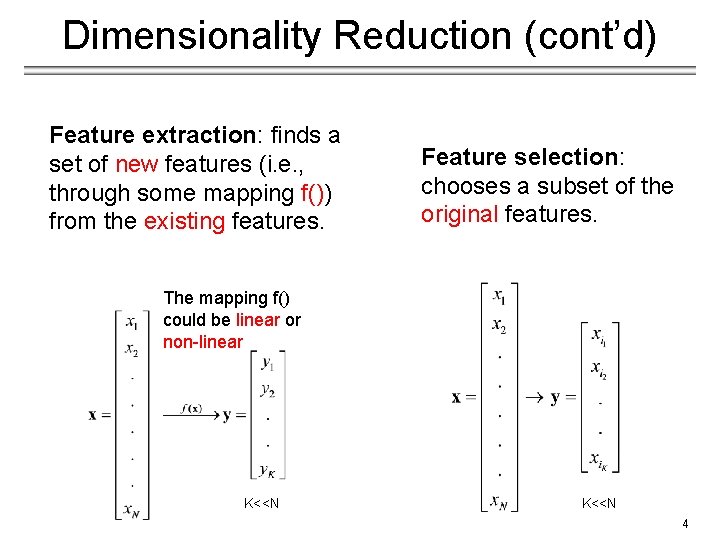 Dimensionality Reduction (cont’d) Feature extraction: finds a set of new features (i. e. ,