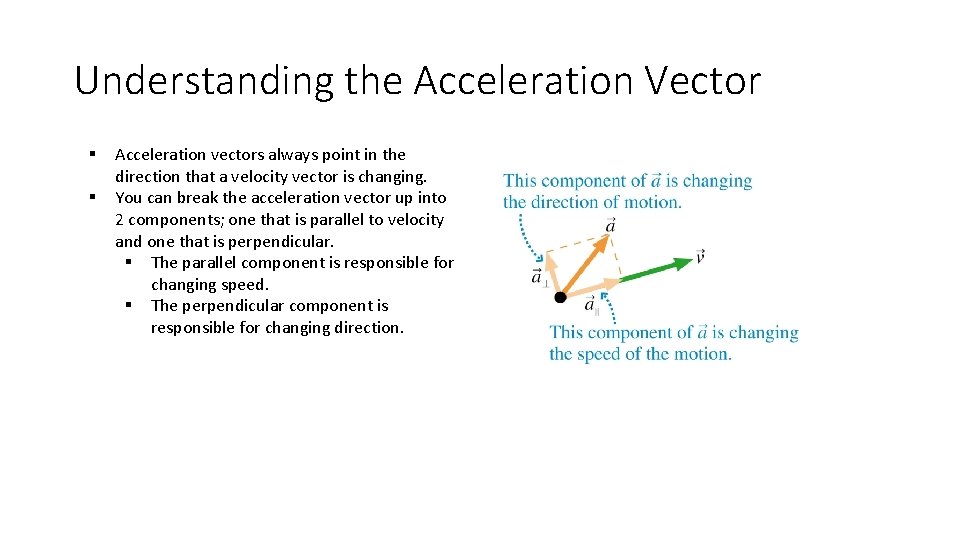 Understanding the Acceleration Vector § § Acceleration vectors always point in the direction that