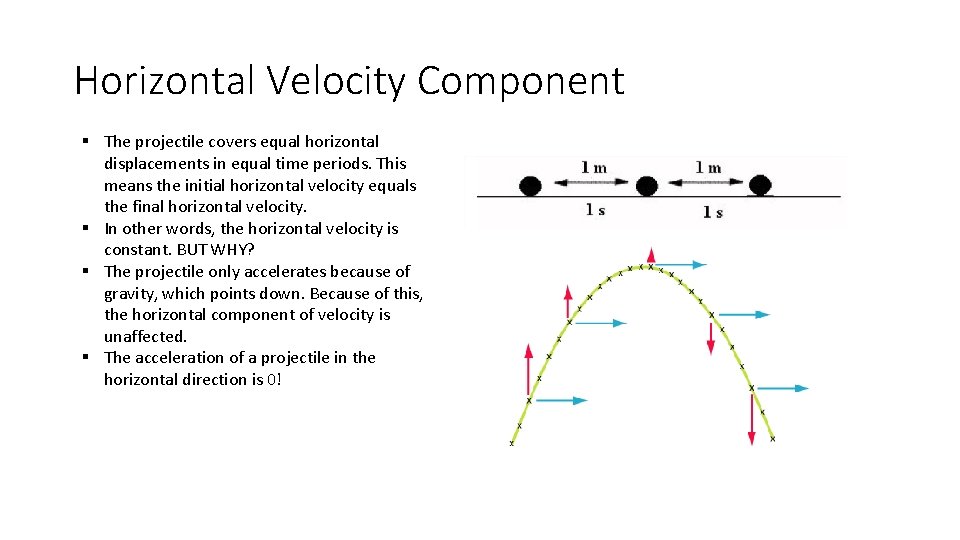 Horizontal Velocity Component § The projectile covers equal horizontal displacements in equal time periods.