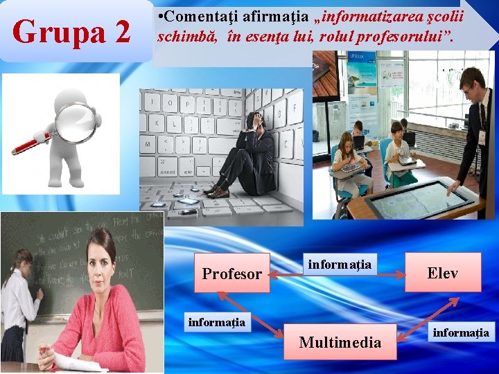 Grupa 2 • Comentaţi afirmaţia „informatizarea şcolii schimbă, în esenţa lui, rolul profesorului”. Profesor Grupa 2 • Comentaţi afirmaţia „informatizarea şcolii schimbă, în esenţa lui, rolul profesorului”. Profesor