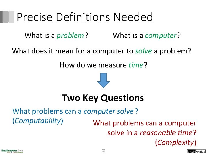 Precise Definitions Needed What is a problem? What is a computer? What does it