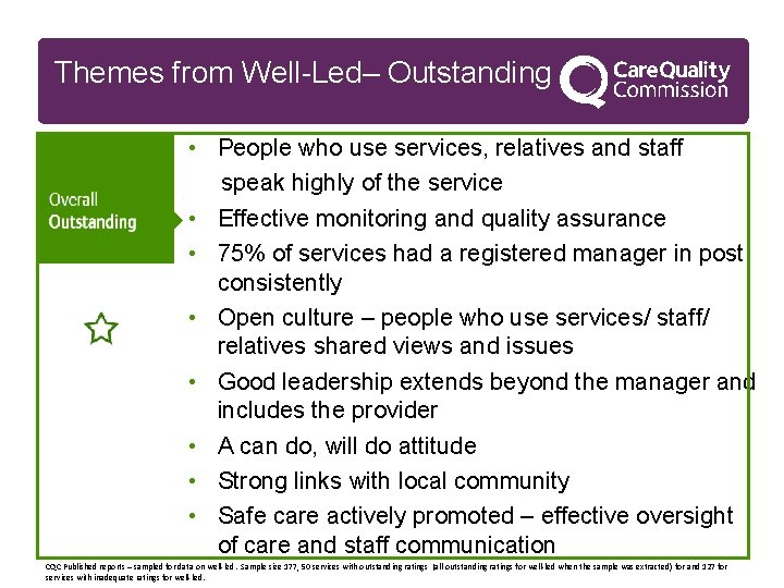 Themes from Well-Led– Outstanding • People who use services, relatives and staff speak highly