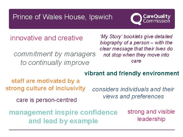 Prince of Wales House, Ipswich innovative and creative commitment by managers to continually improve