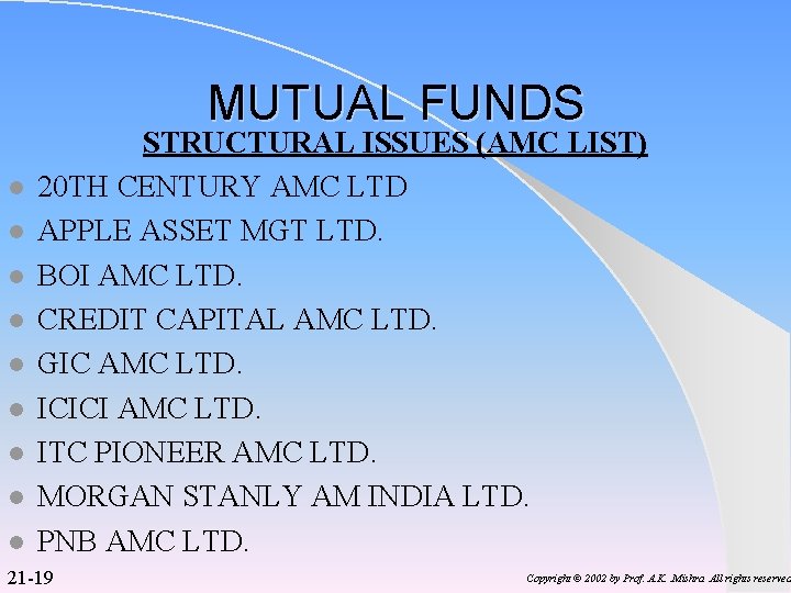 MUTUAL FUNDS l l l l l STRUCTURAL ISSUES (AMC LIST) 20 TH CENTURY