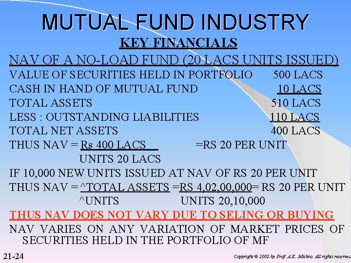 MUTUAL FUND INDUSTRY KEY FINANCIALS NAV OF A NO-LOAD FUND (20 LACS UNITS ISSUED)