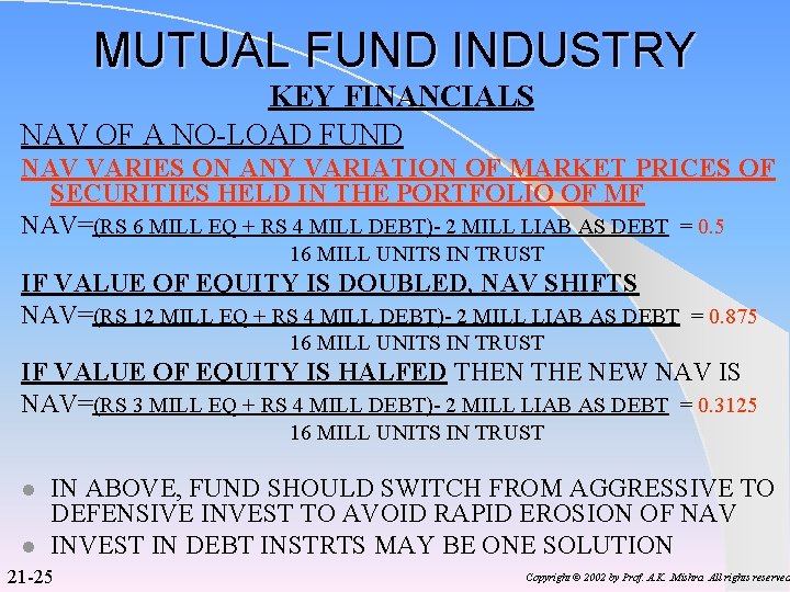 MUTUAL FUND INDUSTRY KEY FINANCIALS NAV OF A NO-LOAD FUND NAV VARIES ON ANY