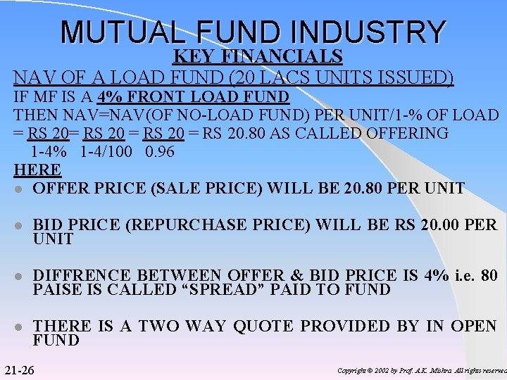 MUTUAL FUND INDUSTRY KEY FINANCIALS NAV OF A LOAD FUND (20 LACS UNITS ISSUED)