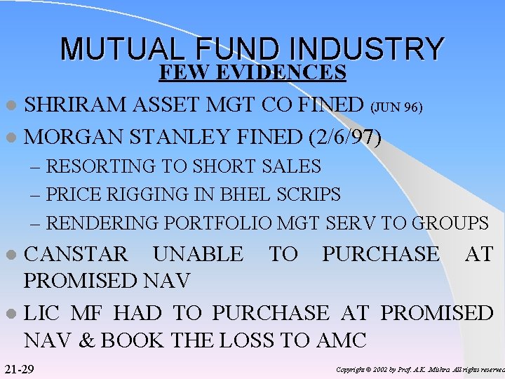 MUTUAL FUND INDUSTRY FEW EVIDENCES l SHRIRAM ASSET MGT CO FINED (JUN 96) l