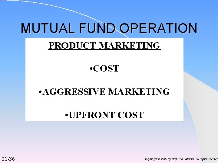 MUTUAL FUND OPERATION PRODUCT MARKETING • COST • AGGRESSIVE MARKETING • UPFRONT COST 21