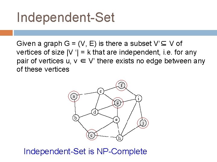 Independent-Set Given a graph G = (V, E) is there a subset V’⊆ V