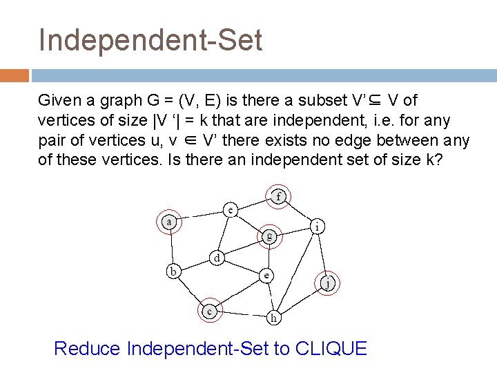 Independent-Set Given a graph G = (V, E) is there a subset V’⊆ V