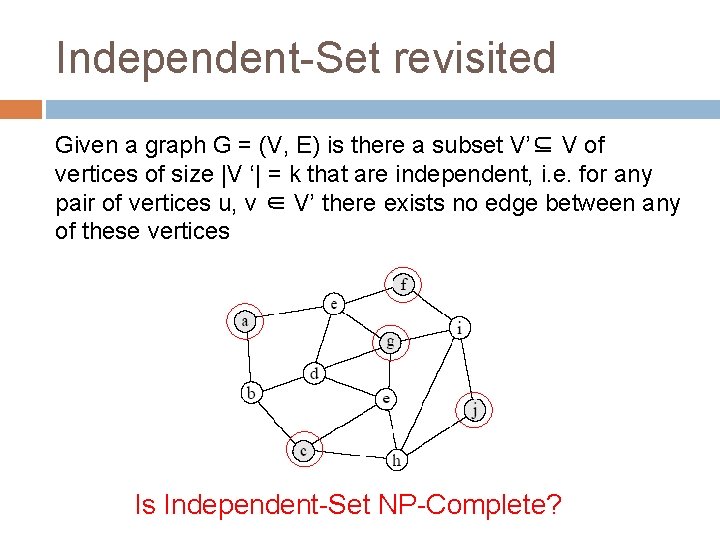 Independent-Set revisited Given a graph G = (V, E) is there a subset V’⊆