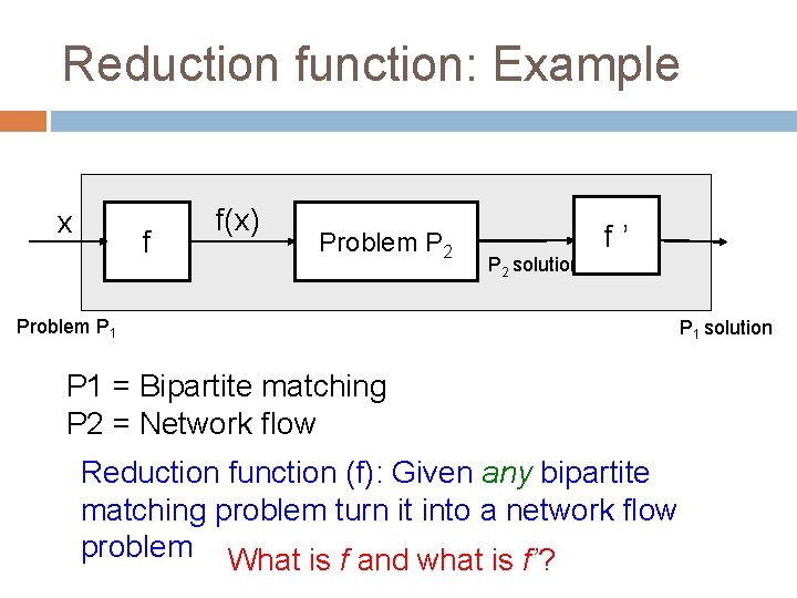 Reduction function: Example x f f(x) Problem P 2 f’ P 2 solution Problem