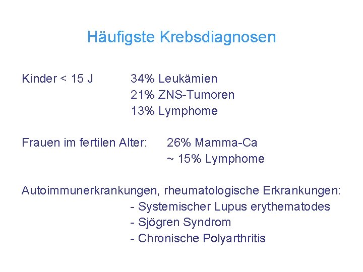 Häufigste Krebsdiagnosen Kinder < 15 J 34% Leukämien 21% ZNS-Tumoren 13% Lymphome Frauen im