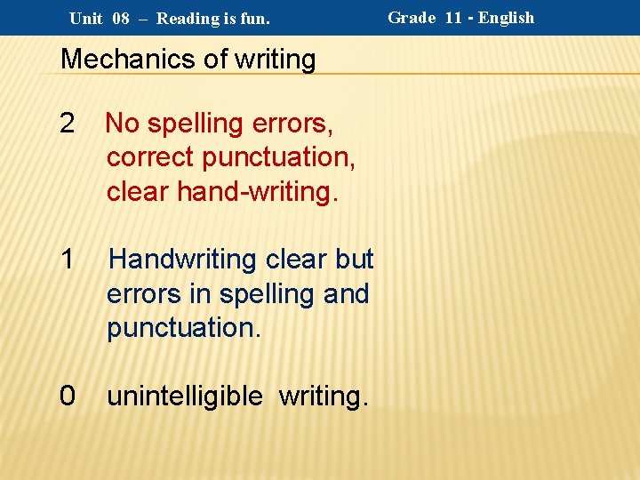 Unit 08 – Reading is fun. Mechanics of writing 2 No spelling errors, correct