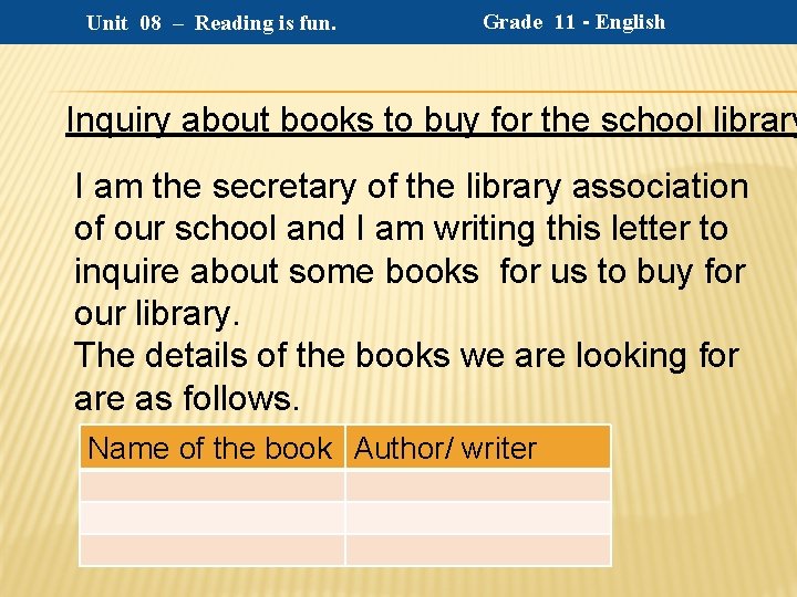 Unit 08 – Reading is fun. Grade 11 - English Inquiry about books to