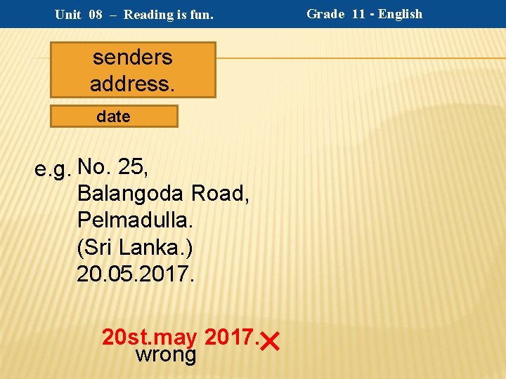 Unit 08 – Reading is fun. senders address. date e. g. No. 25, Balangoda