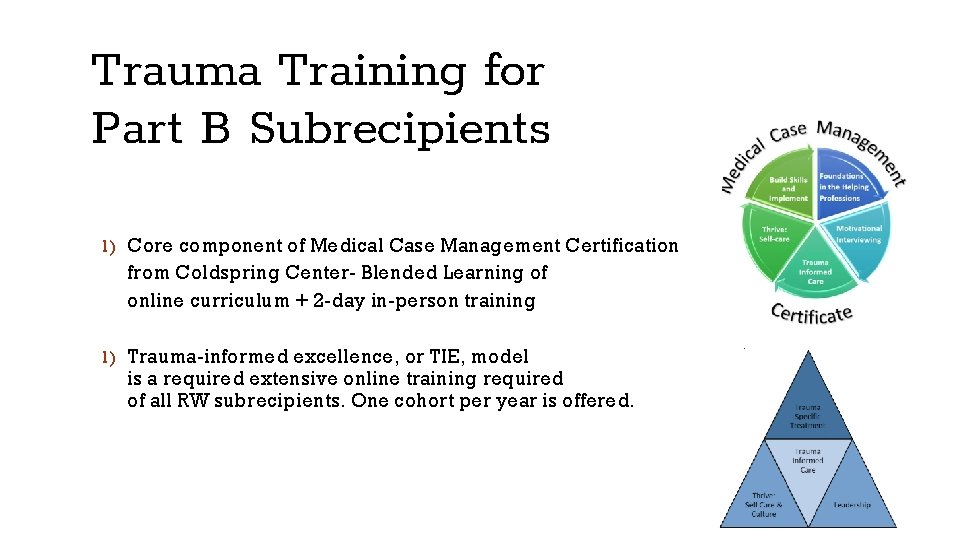 Trauma Training for Part B Subrecipients 1) Core component of Medical Case Management Certification