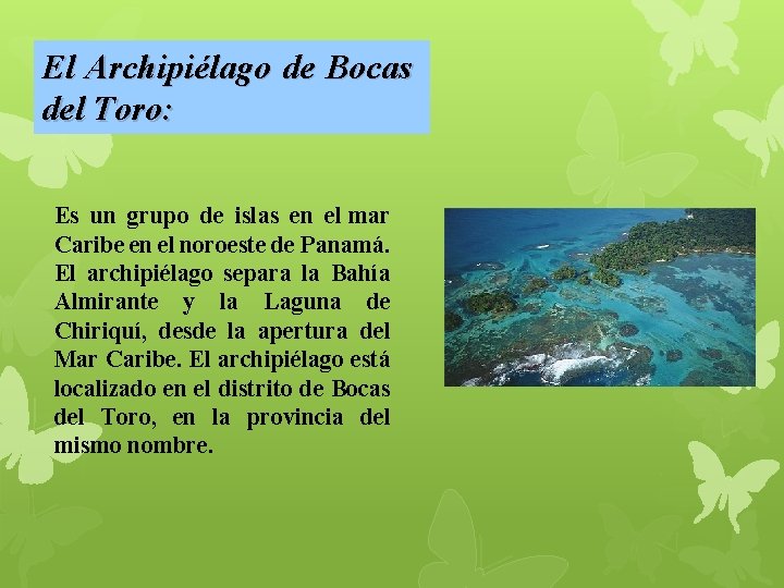 El Archipiélago de Bocas del Toro: Es un grupo de islas en el mar