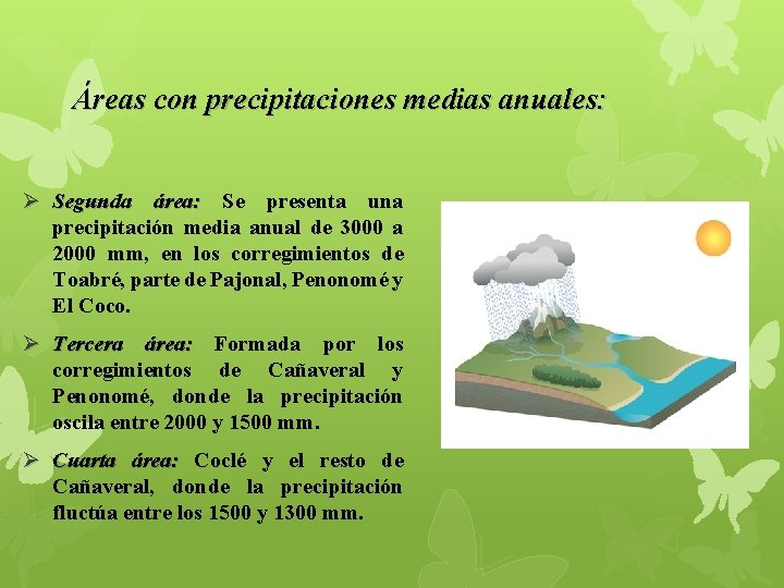 Áreas con precipitaciones medias anuales: Ø Segunda área: Se presenta una precipitación media anual