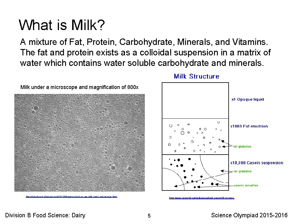 What is Milk? A mixture of Fat, Protein, Carbohydrate, Minerals, and Vitamins. The fat