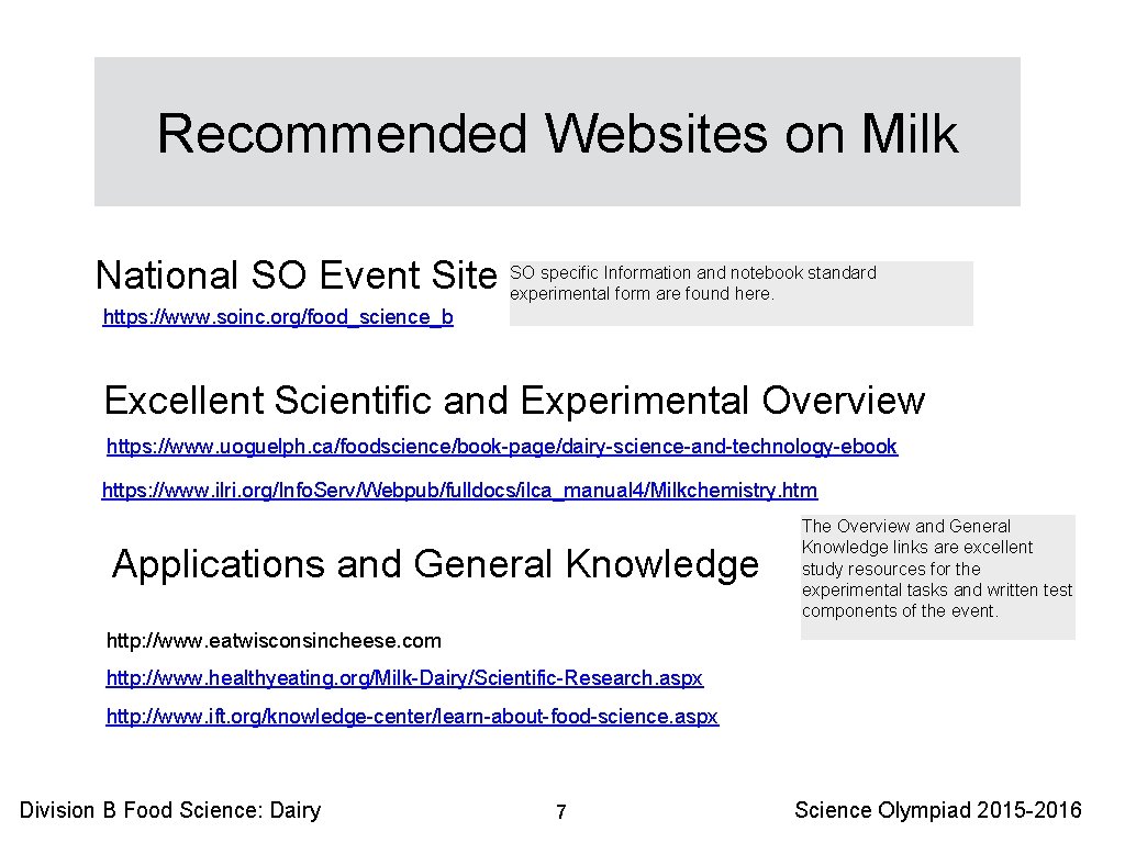 Recommended Websites on Milk National SO Event Site SO specific Information and notebook standard