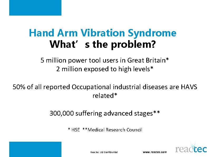 Hand Arm Vibration Syndrome What’s the problem? 5 million power tool users in Great