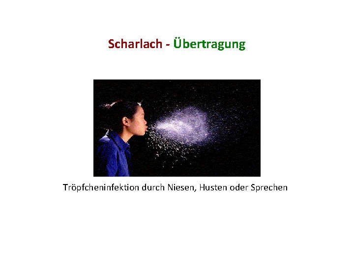 Scharlach - Übertragung Tröpfcheninfektion durch Niesen, Husten oder Sprechen 