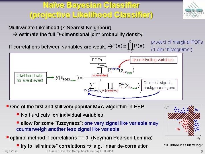 Naïve Bayesian Classifier (projective Likelihood Classifier) Multivariate Likelihood (k-Nearest Neighbour) estimate the full D-dimensional