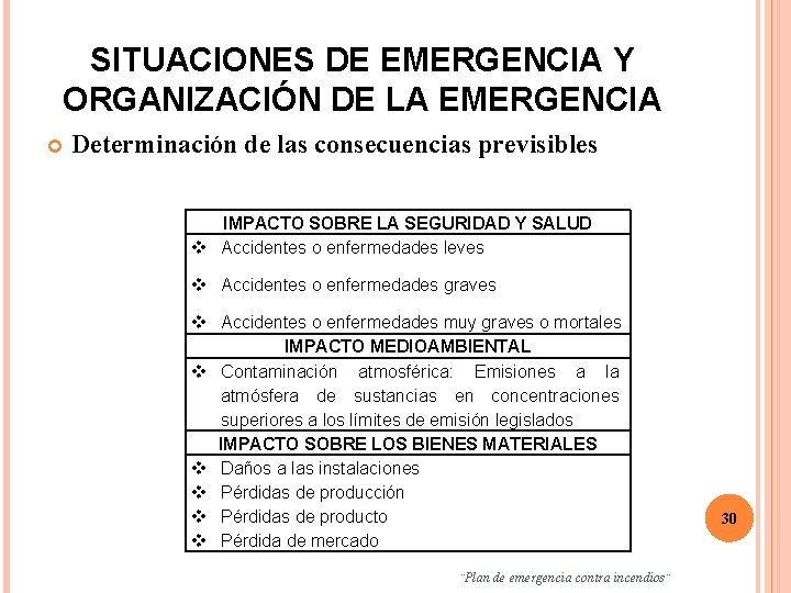 SITUACIONES DE EMERGENCIA Y ORGANIZACIÓN DE LA EMERGENCIA Determinación de las consecuencias previsibles IMPACTO