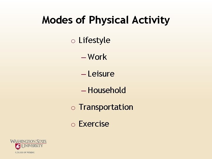 Modes of Physical Activity o Lifestyle – Work – Leisure – Household o Transportation Modes of Physical Activity o Lifestyle – Work – Leisure – Household o Transportation