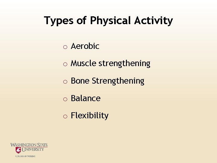Types of Physical Activity o Aerobic o Muscle strengthening o Bone Strengthening o Balance Types of Physical Activity o Aerobic o Muscle strengthening o Bone Strengthening o Balance