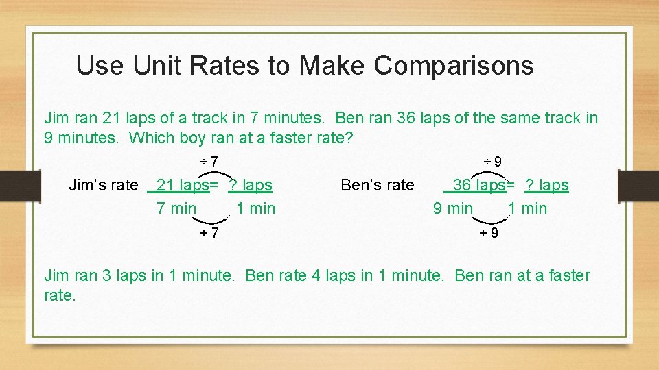 Use Unit Rates to Make Comparisons Jim ran 21 laps of a track in