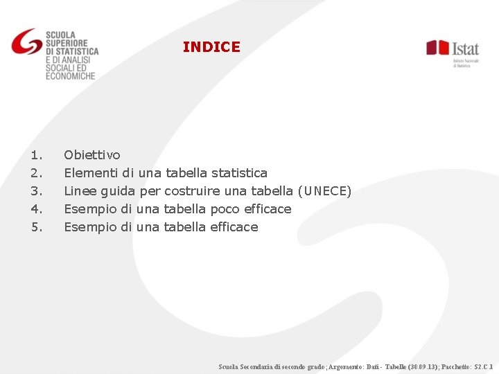 INDICE 1. 2. 3. 4. 5. Obiettivo Elementi di una tabella statistica Linee guida