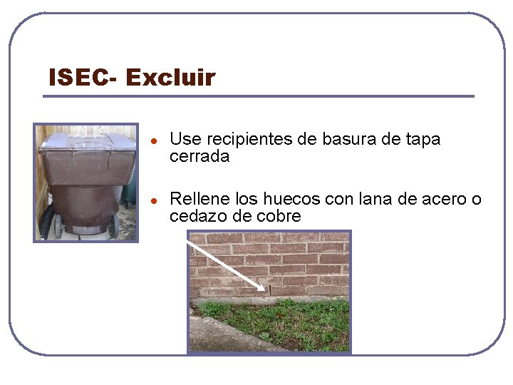 ISEC- Excluir l l Use recipientes de basura de tapa cerrada Rellene los huecos