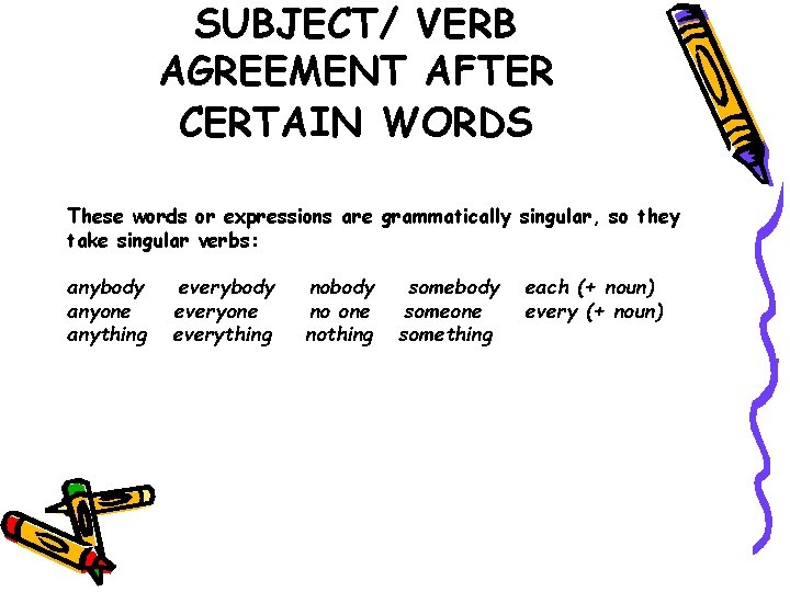 SUBJECT/ VERB AGREEMENT AFTER CERTAIN WORDS These words or expressions are grammatically singular, so