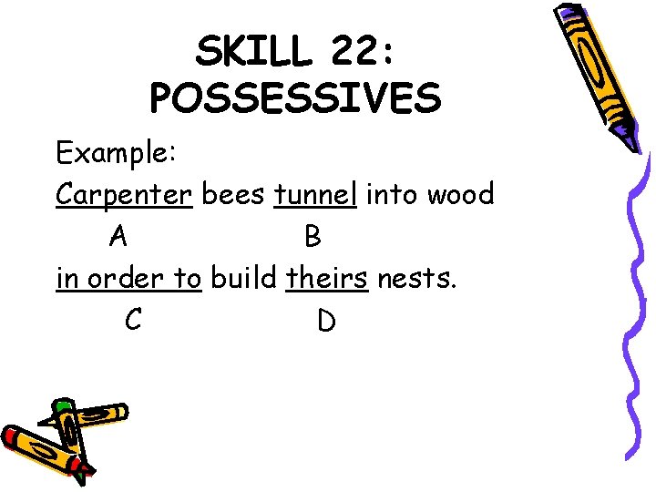 SKILL 22: POSSESSIVES Example: Carpenter bees tunnel into wood A B in order to