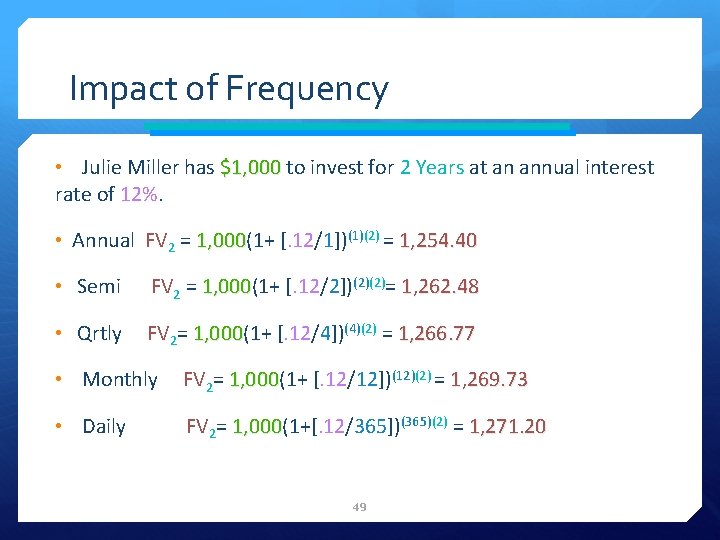 Impact of Frequency • Julie Miller has $1, 000 to invest for 2 Years