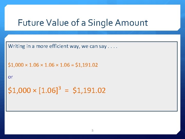 Future Value of a Single Amount Writing in a more efficient way, we can