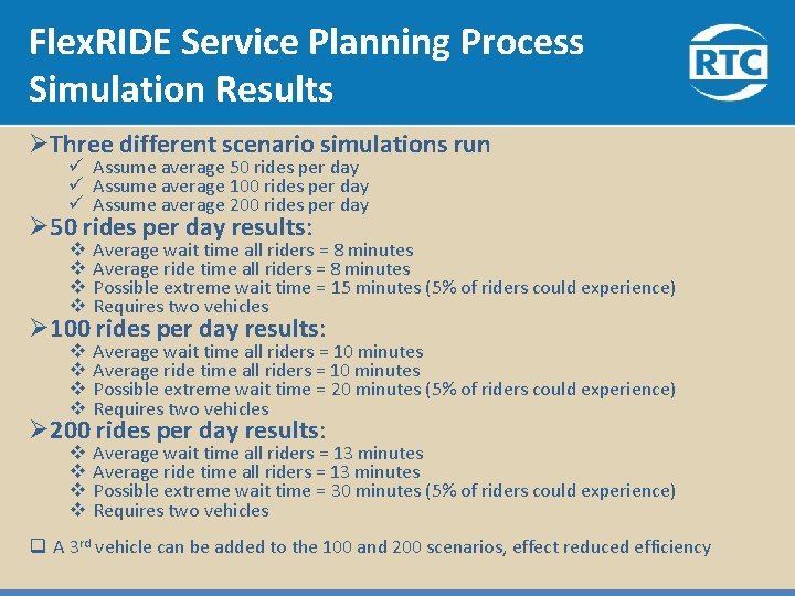 Flex. RIDE Service Planning Process Simulation Results ØThree different scenario simulations run ü Assume Flex. RIDE Service Planning Process Simulation Results ØThree different scenario simulations run ü Assume