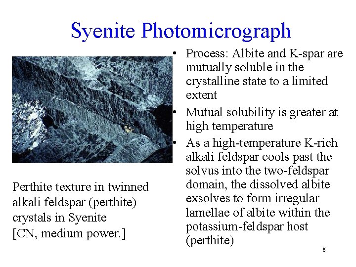 Syenite Photomicrograph Perthite texture in twinned alkali feldspar (perthite) crystals in Syenite [CN, medium