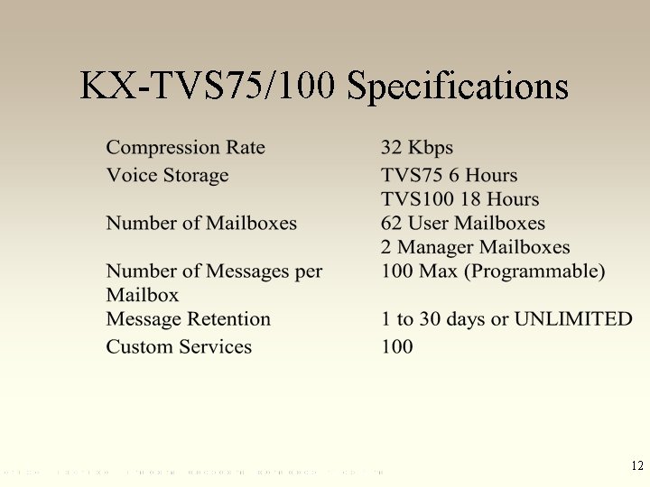 KX-TVS 75/100 Specifications 12 