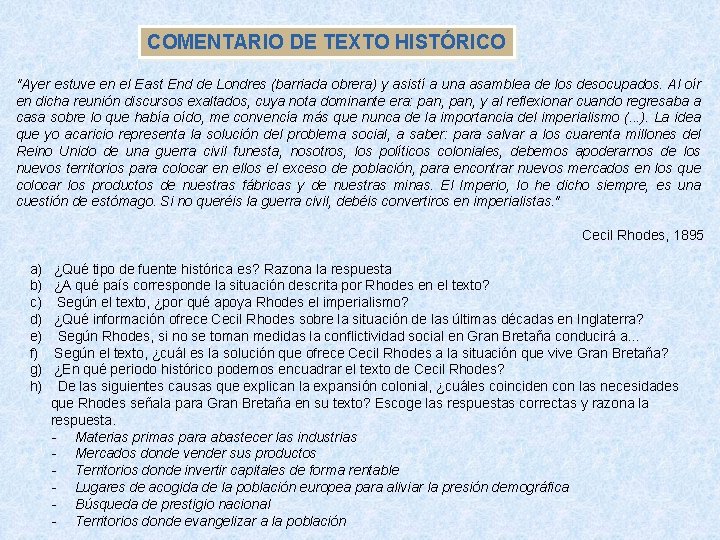 COMENTARIO DE TEXTO HISTÓRICO "Ayer estuve en el East End de Londres (barriada obrera) COMENTARIO DE TEXTO HISTÓRICO "Ayer estuve en el East End de Londres (barriada obrera)