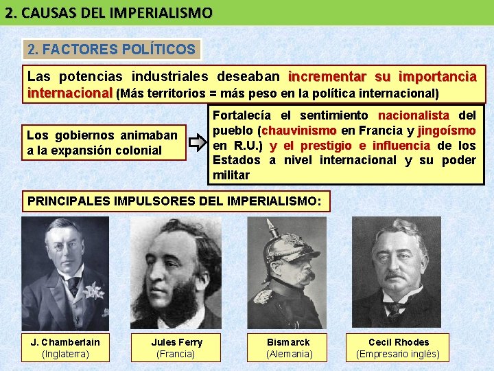 2. CAUSAS DEL IMPERIALISMO 2. FACTORES POLÍTICOS Las potencias industriales deseaban incrementar su importancia 2. CAUSAS DEL IMPERIALISMO 2. FACTORES POLÍTICOS Las potencias industriales deseaban incrementar su importancia
