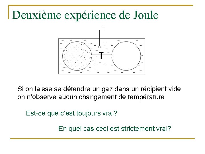 Deuxième expérience de Joule Si on laisse se détendre un gaz dans un récipient