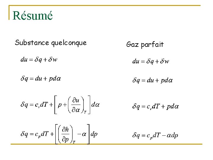 Résumé Substance quelconque Gaz parfait 