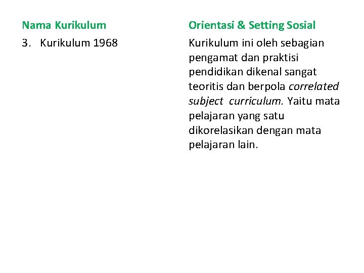 Nama Kurikulum 3. Kurikulum 1968 Orientasi & Setting Sosial Kurikulum ini oleh sebagian pengamat