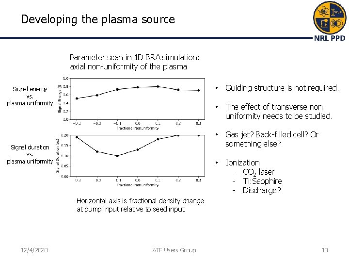 Developing the plasma source Parameter scan in 1 D BRA simulation: axial non-uniformity of Developing the plasma source Parameter scan in 1 D BRA simulation: axial non-uniformity of