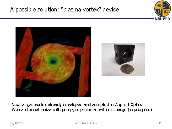 A possible solution: “plasma vortex” device Neutral gas vortex already developed and accepted in A possible solution: “plasma vortex” device Neutral gas vortex already developed and accepted in